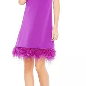 NWT Mac Duggal Purple Sleeveless Dress with Feather Trim